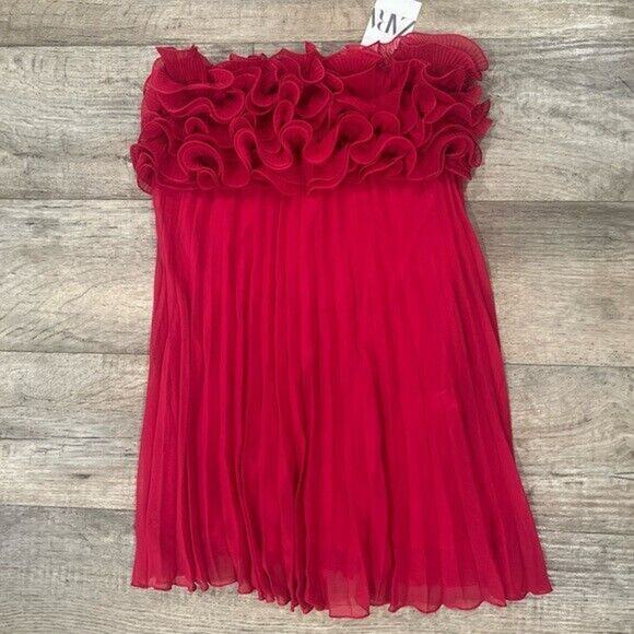 ZARA Red Pleated Mini Dress NWT | Blogger Fave Ruffle Straight Neck - Picture 15 of 16